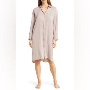BAREFOOT DREAMS Beige Neutral Piped Button-Down Washed Satin Nightshirt Size XL